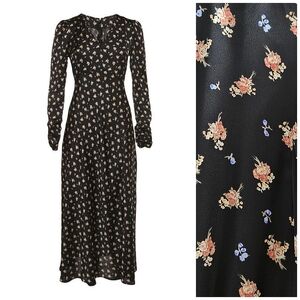 Maje Riava Satin Maxi Dress Dark Floral Small Ruffle Regency Fairy Grunge